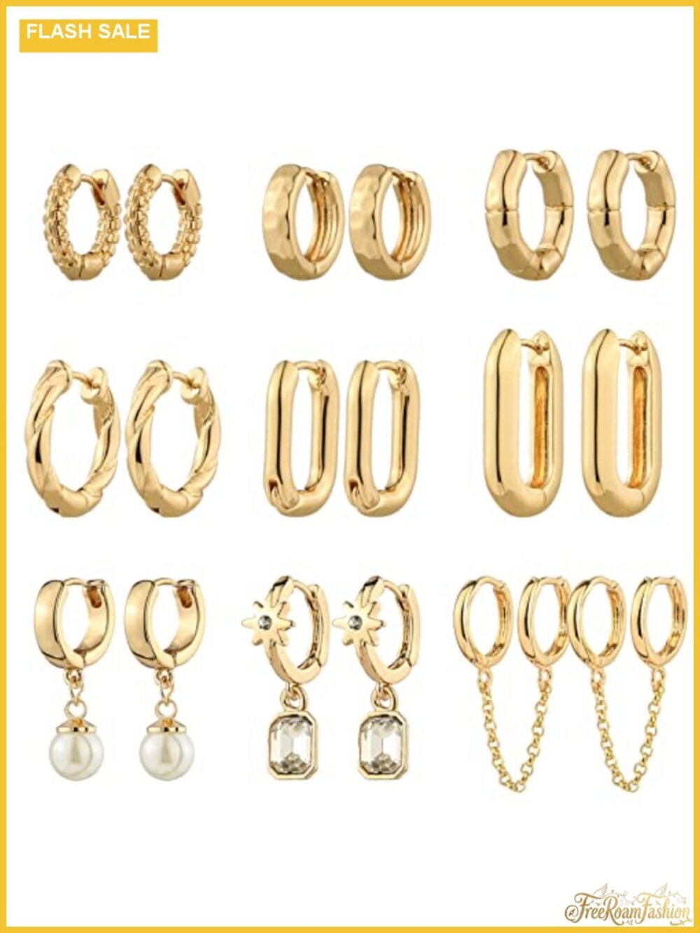 Gold Plated Chunky Hoop Earrings Set Women 9 Pair Hypoallergenic Huggie